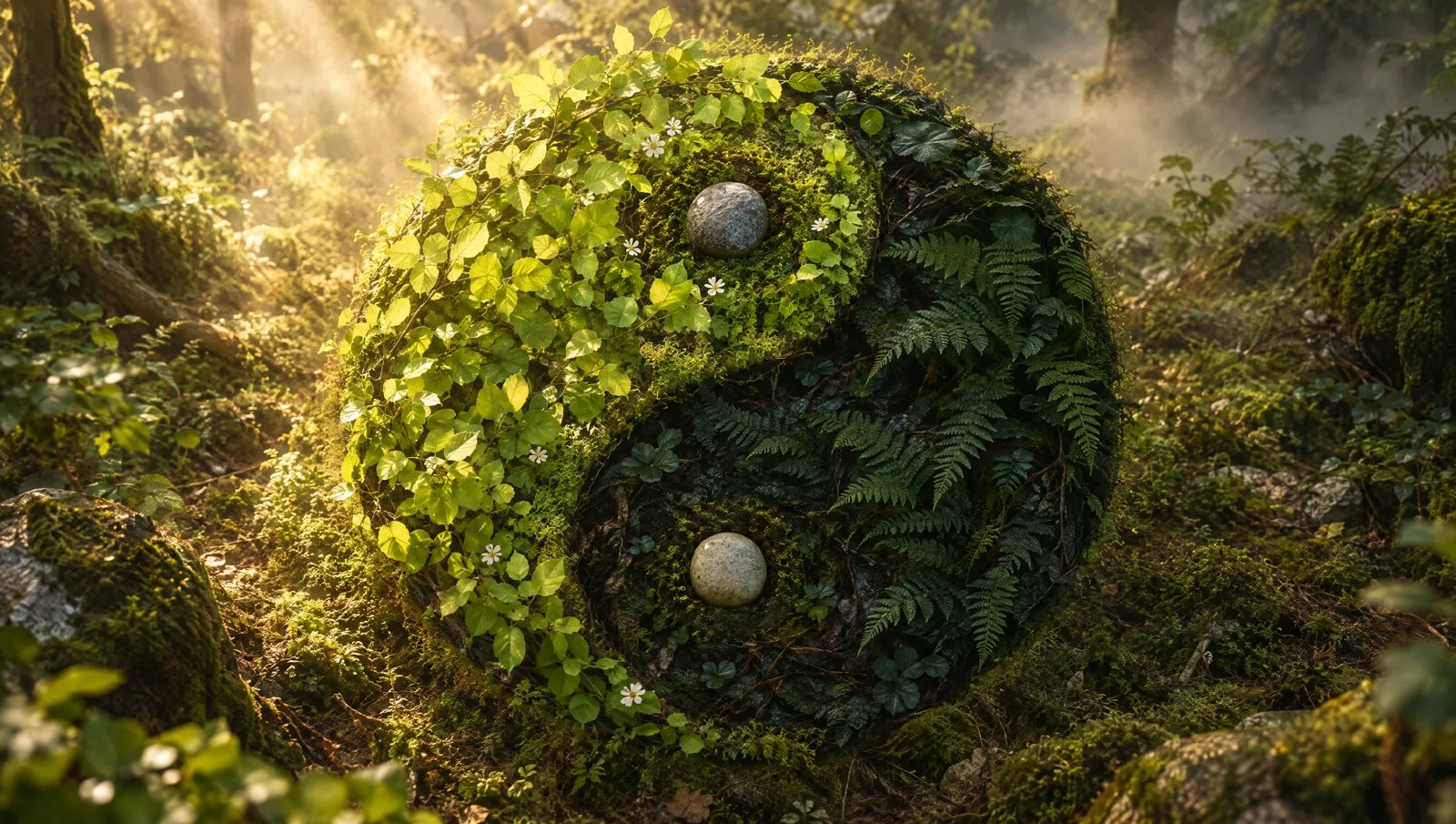 A yin-yang shaped from light green leaves and dark ferns, with a river stone in each half, on a mossy forest floor in sunlight