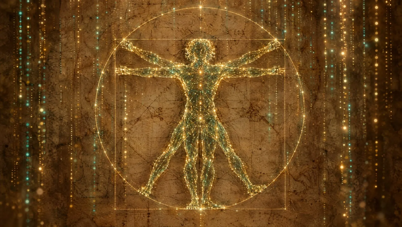 A Vitruvian figure drawn as a glowing network of light inside a circle and square, on old parchment, with streams of luminous code behind it