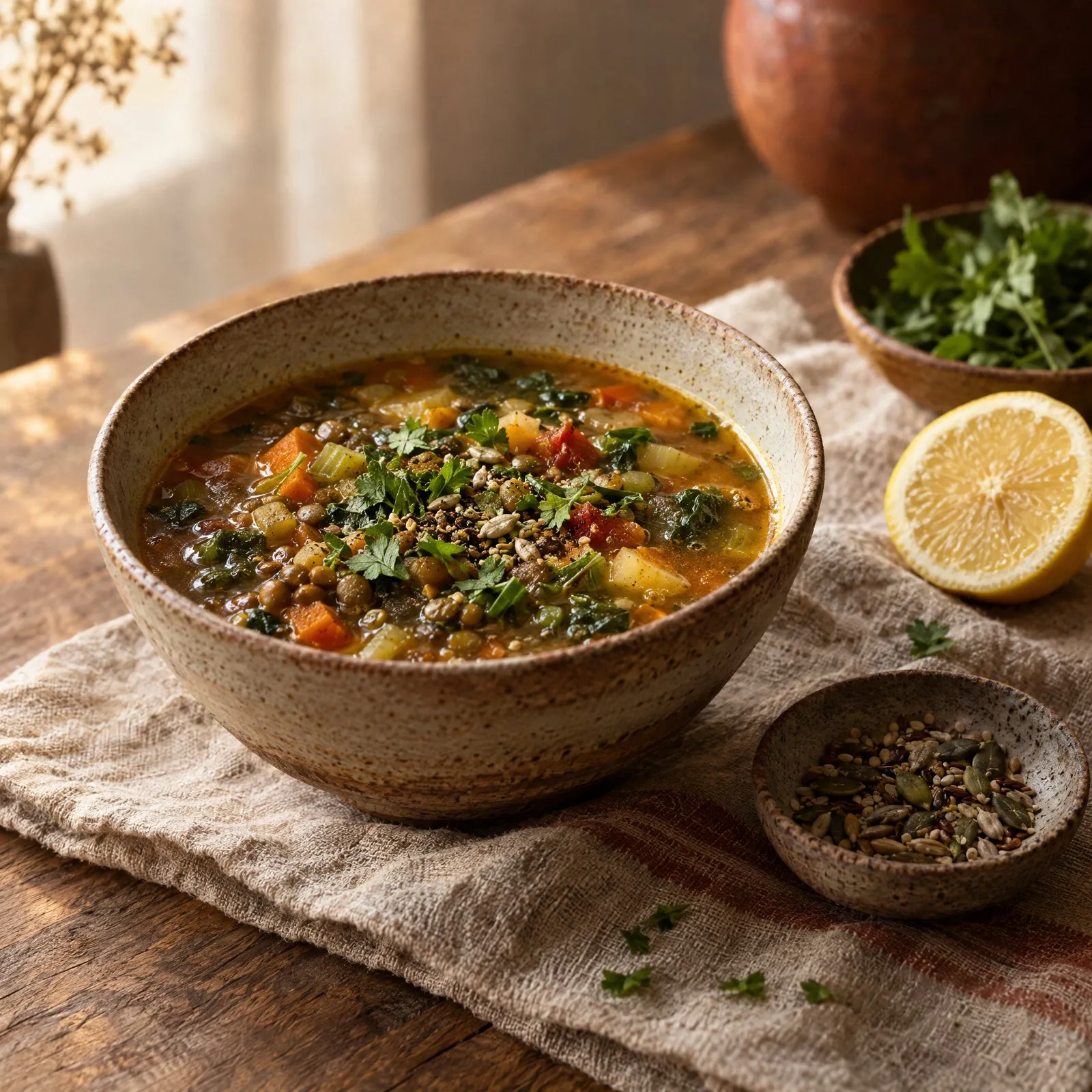 A bowl of lentil and vegetable soup with herbs and lemon