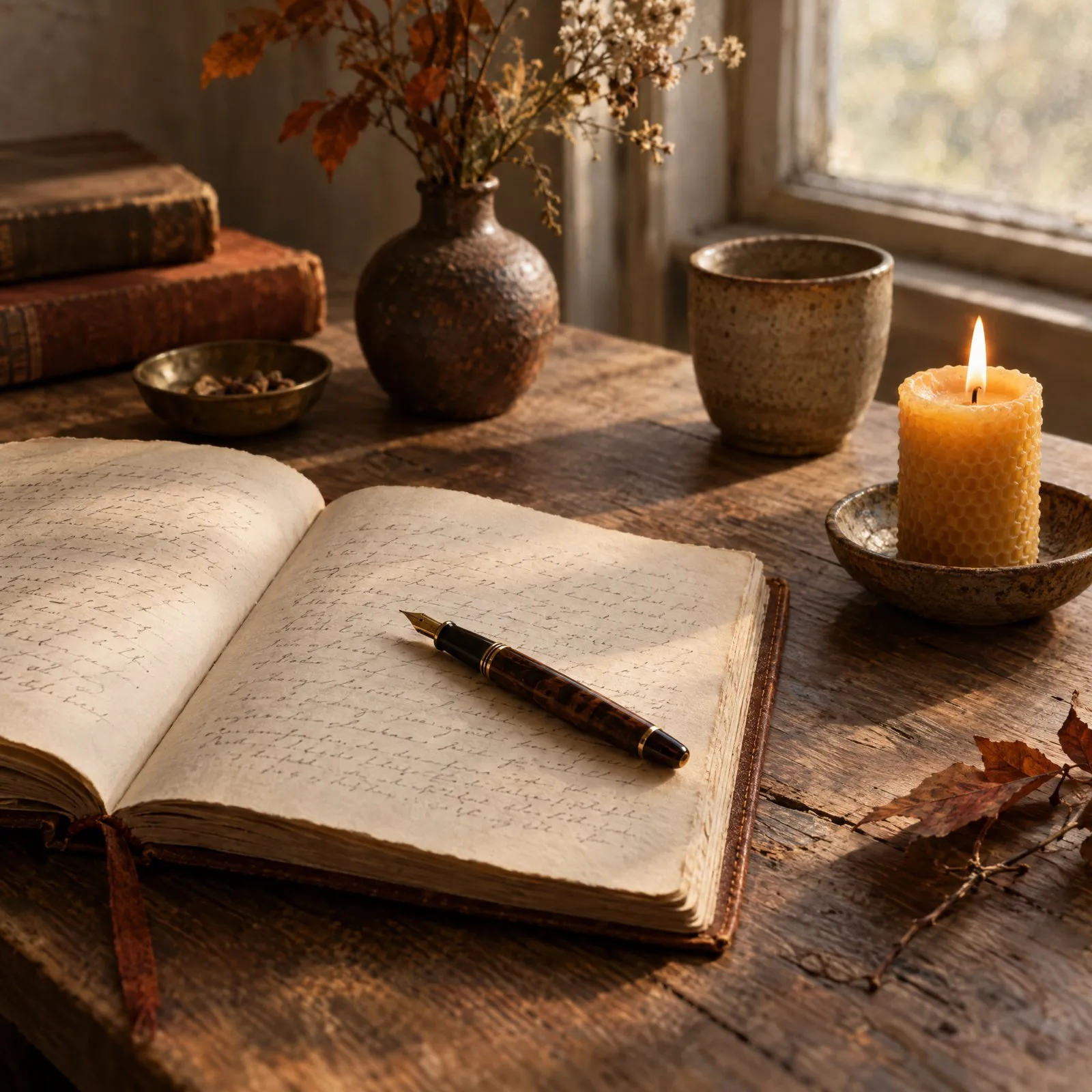 An open journal, a pen and a lit candle on a wooden table