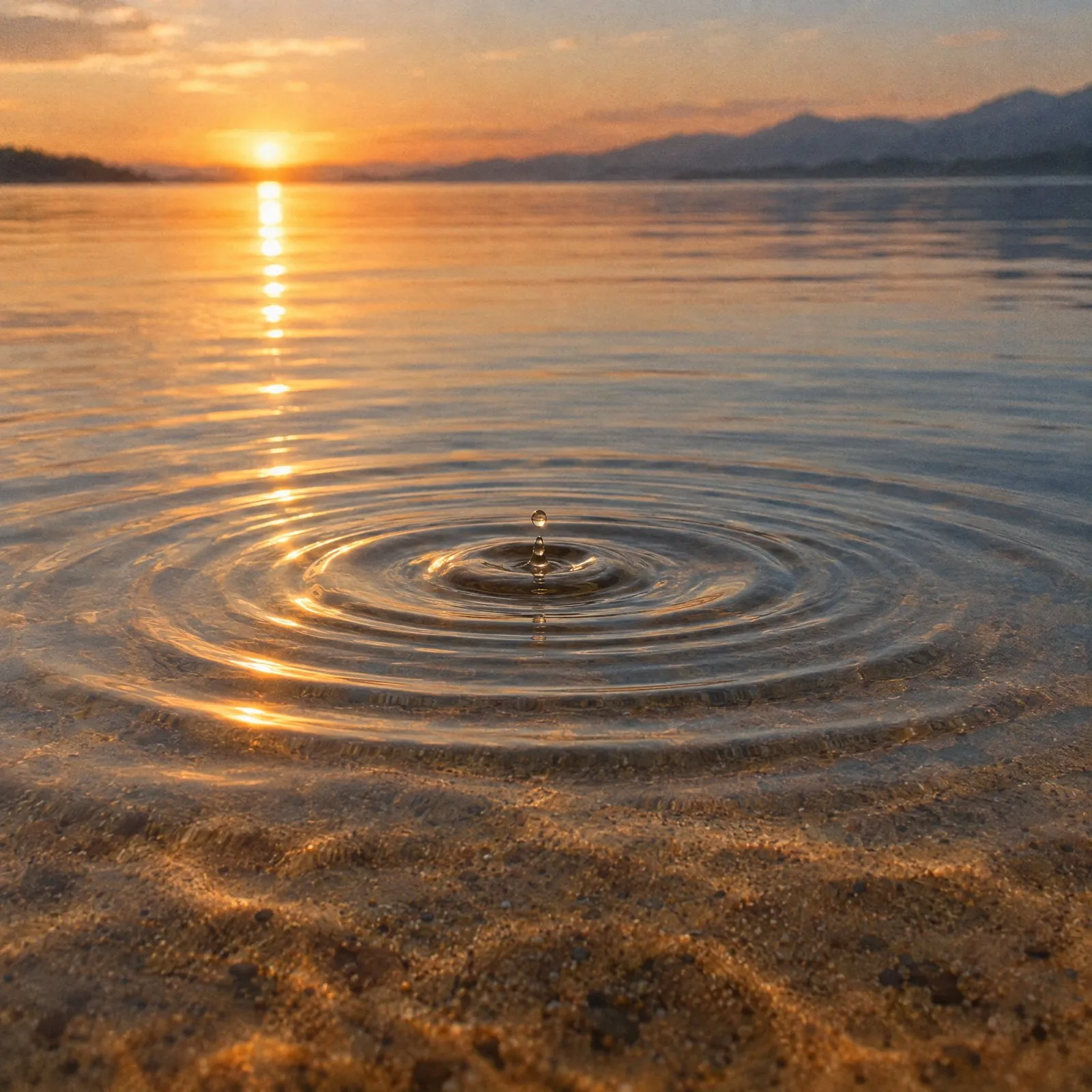 Ripples spreading across still water at dawn