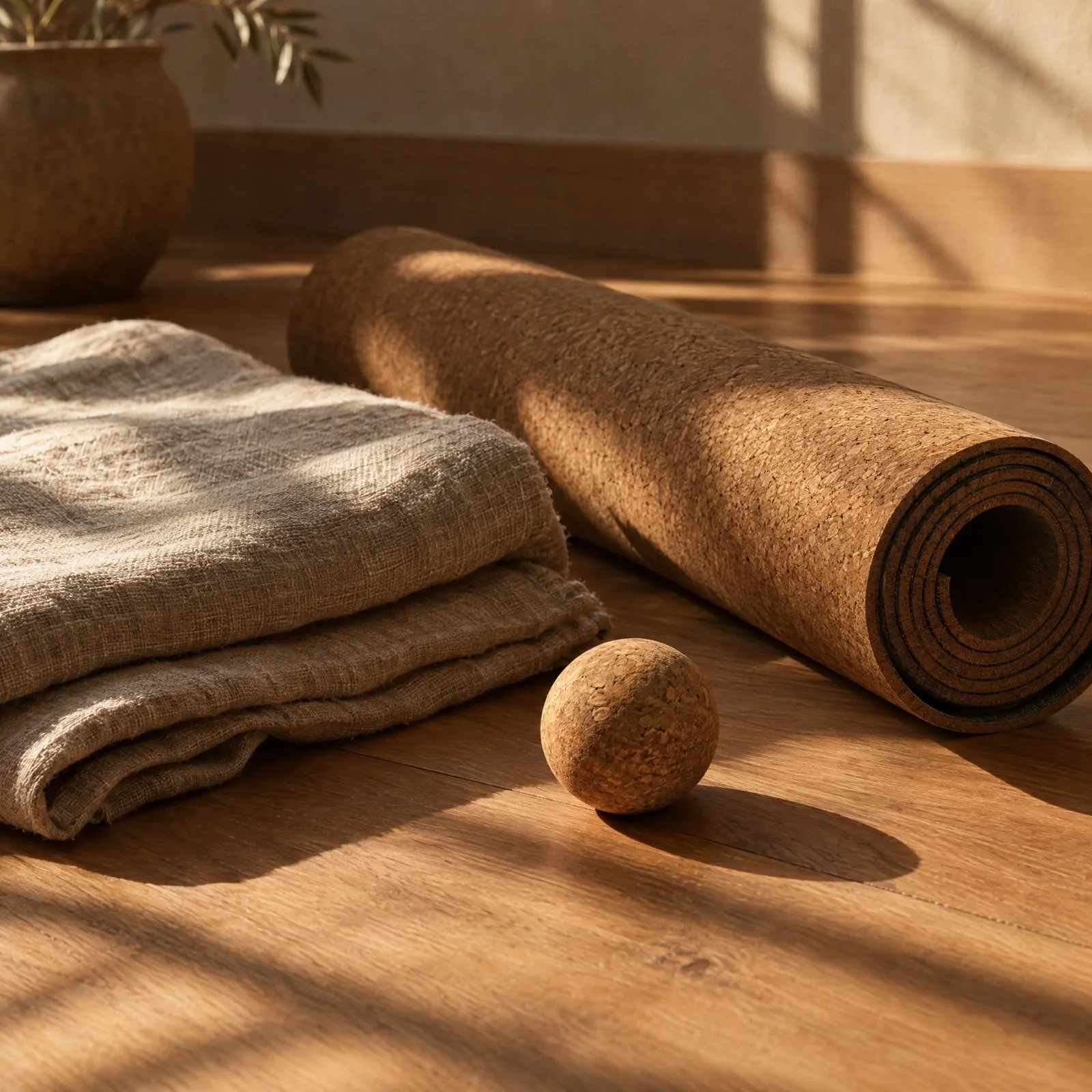 Folded linen, a cork massage ball and a rolled mat on a wooden floor