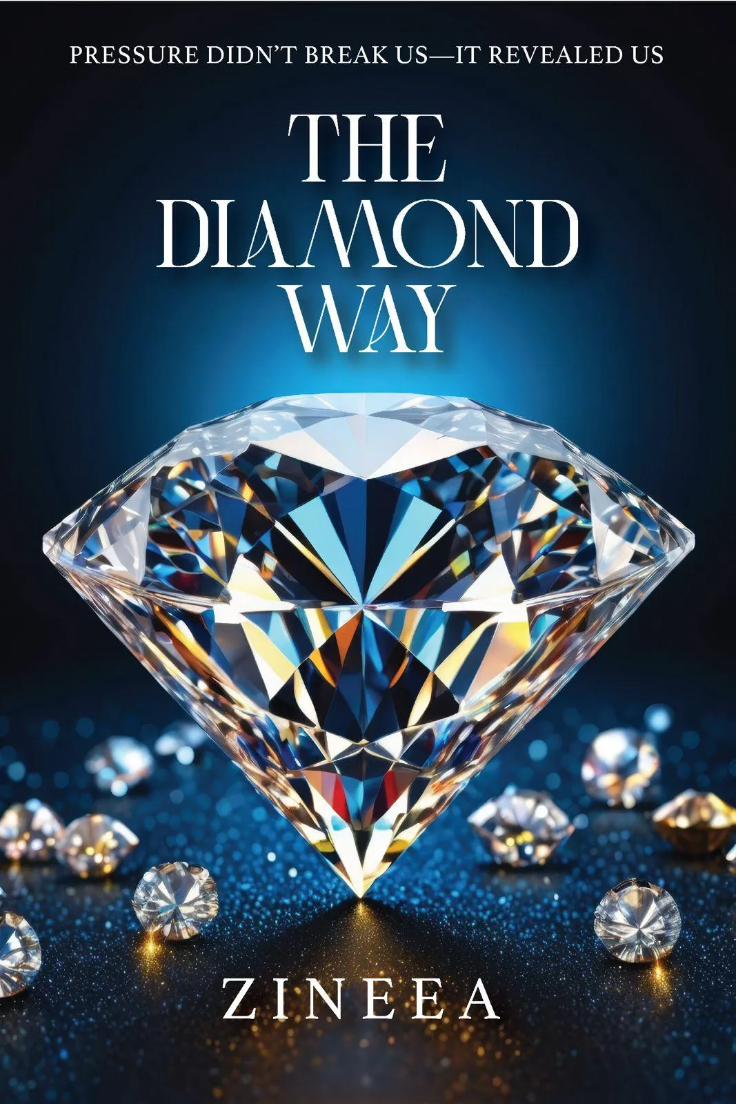 Cover of The Diamond Way by Zineea — a brilliant-cut diamond lit blue and gold against deep blue, above the line 'Pressure didn't break us — it revealed us'.