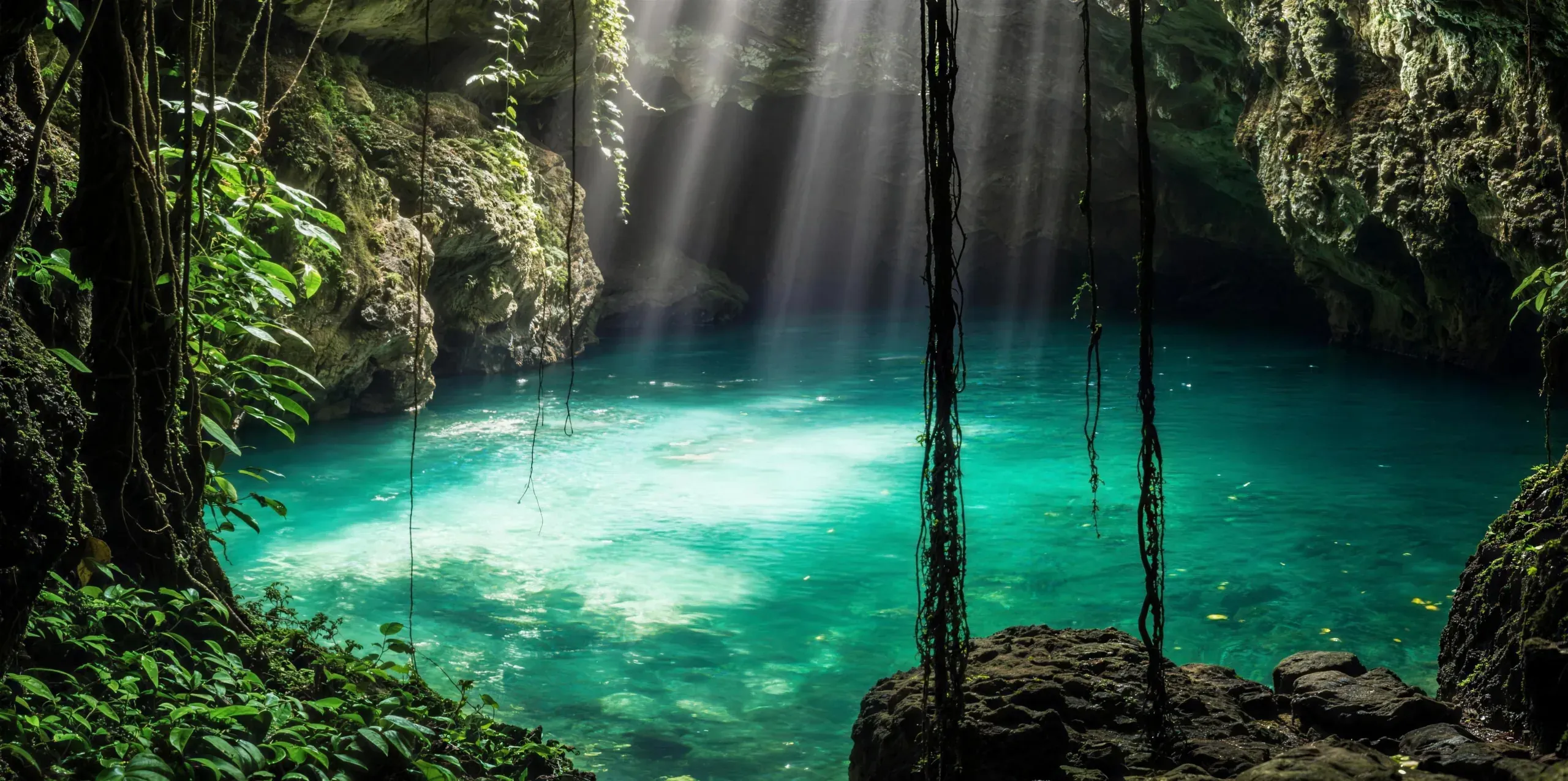 Light falling through the roof of a cenote into turquoise water in the Maya jungle