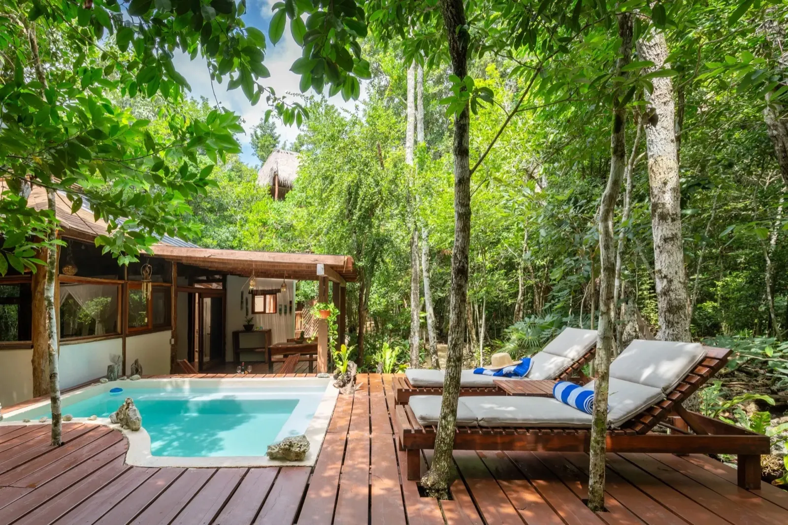 A jungle cabin with a cenote-water plunge pool and loungers at Pepem, in the Maya jungle near Tulum